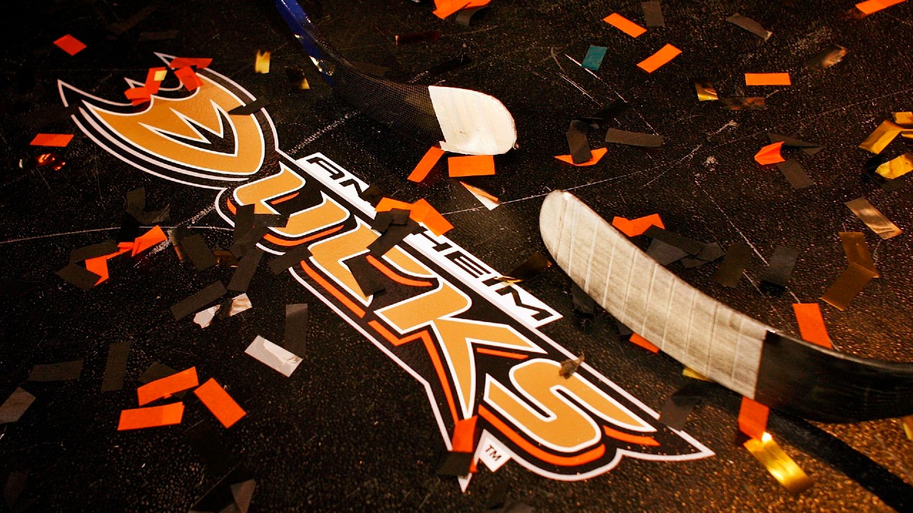 The Anaheim Ducks logo, seen at the Arrowhead Pond, in Anaheim, Calif. (Damian Dovarganes/AP)