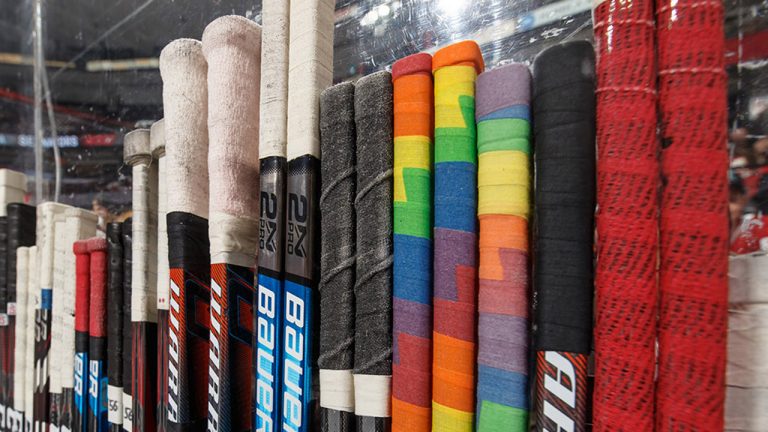 Ottawa Senators sticks are shown taped with Pride Tape on Hockey is for Everyone Night on Feb. 12, 2019. (Andre Ringuette/NHLI via Getty Images)