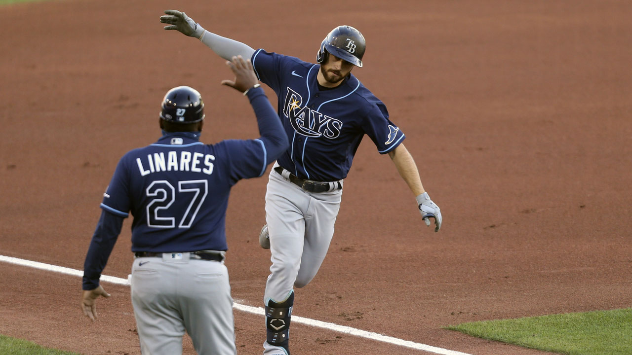 Brandon Lowe of the Tampa Bay Rays celebrates a double in the ninth News  Photo - Getty Images