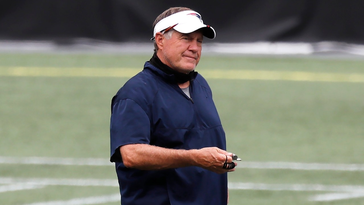 New England Patriots head coach Bill Belichick stands on the field before an NFL football training camp scrimmage, Friday, Aug. 28, 2020, in Foxborough, Mass. (Michael Dwyer/Pool via AP)