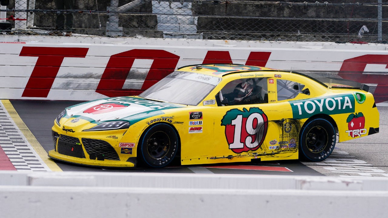 Brandon Jones (19) parks on the finish line after winning the NASCAR Xfinity Series race in Darlington, S.C. (Chris Carlson/AP)