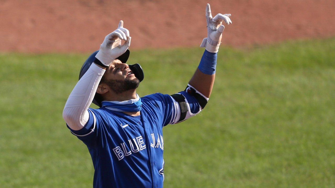 Toronto Blue Jays Vladimir Guerrero Jr. celebrates his home run against  Baltimore Orioles pitcher Keegan Akin during the third inning of a baseball  game, Sunday, Sept. 27, 2020, in Buffalo, N.Y. (AP