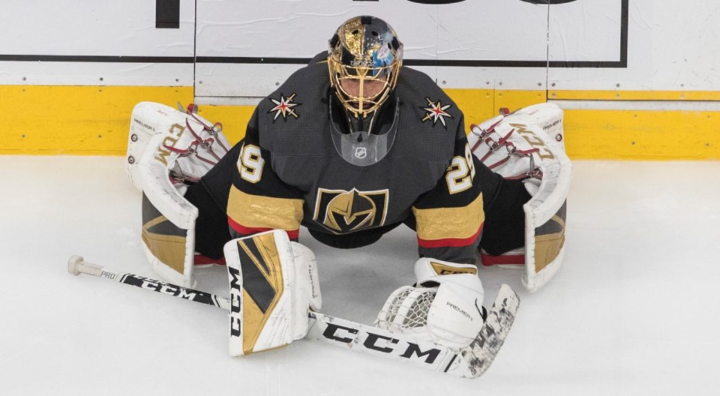 Marc-André Fleury debuts gold pads! Photo: SinBin Las Vegas  Golden  knights hockey, Vegas golden knights, Hockey pictures