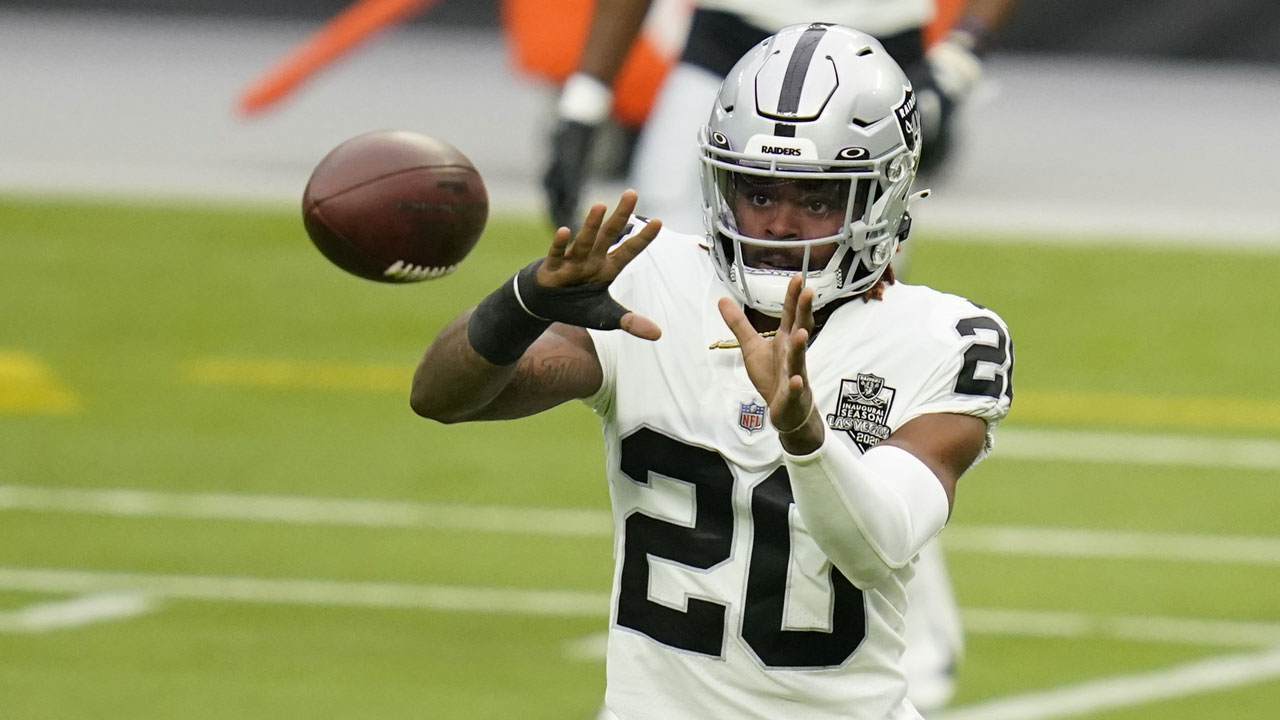 Las Vegas Raiders cornerback Damon Arnette (20) and cornerback