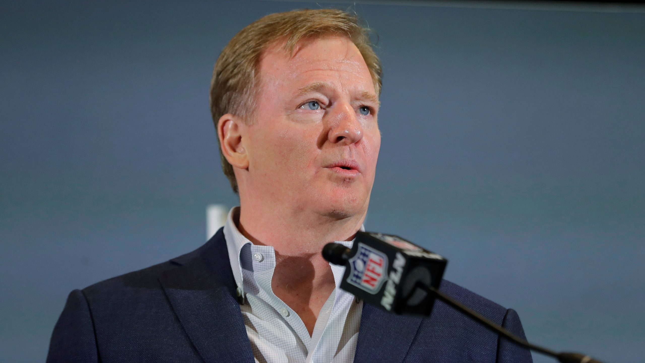 In this Feb. 3, 2020, file photo NFL Commissioner Roger Goodell speaks during a news conference in Miami. (Brynn Anderson, File, AP)