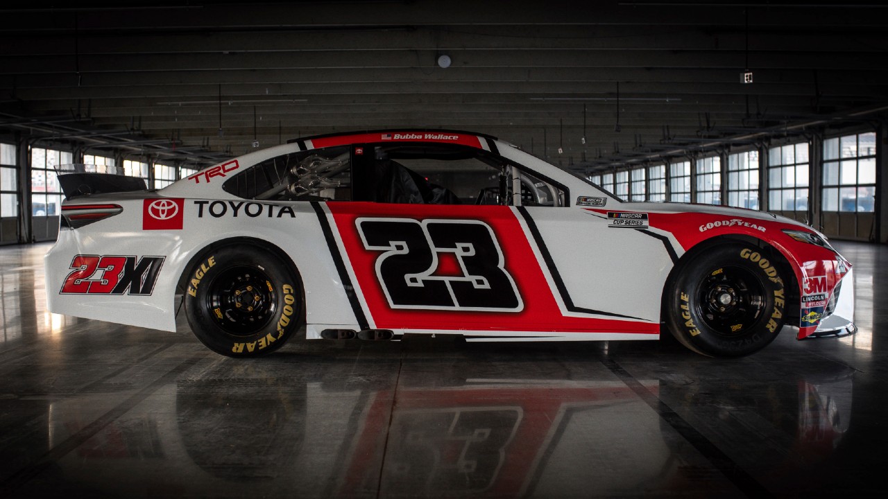 This image provided by Toyota Racing, shows the new No. 23 Toyota Camry at at Charlotte Motor Speedway, Saturday, Oct. 24, 2020, in Charlotte, N.C. The car will be driven by Bubba Wallace and will be a Toyota in an alliance with Joe Gibbs Racing. (Toyota Racing via AP)