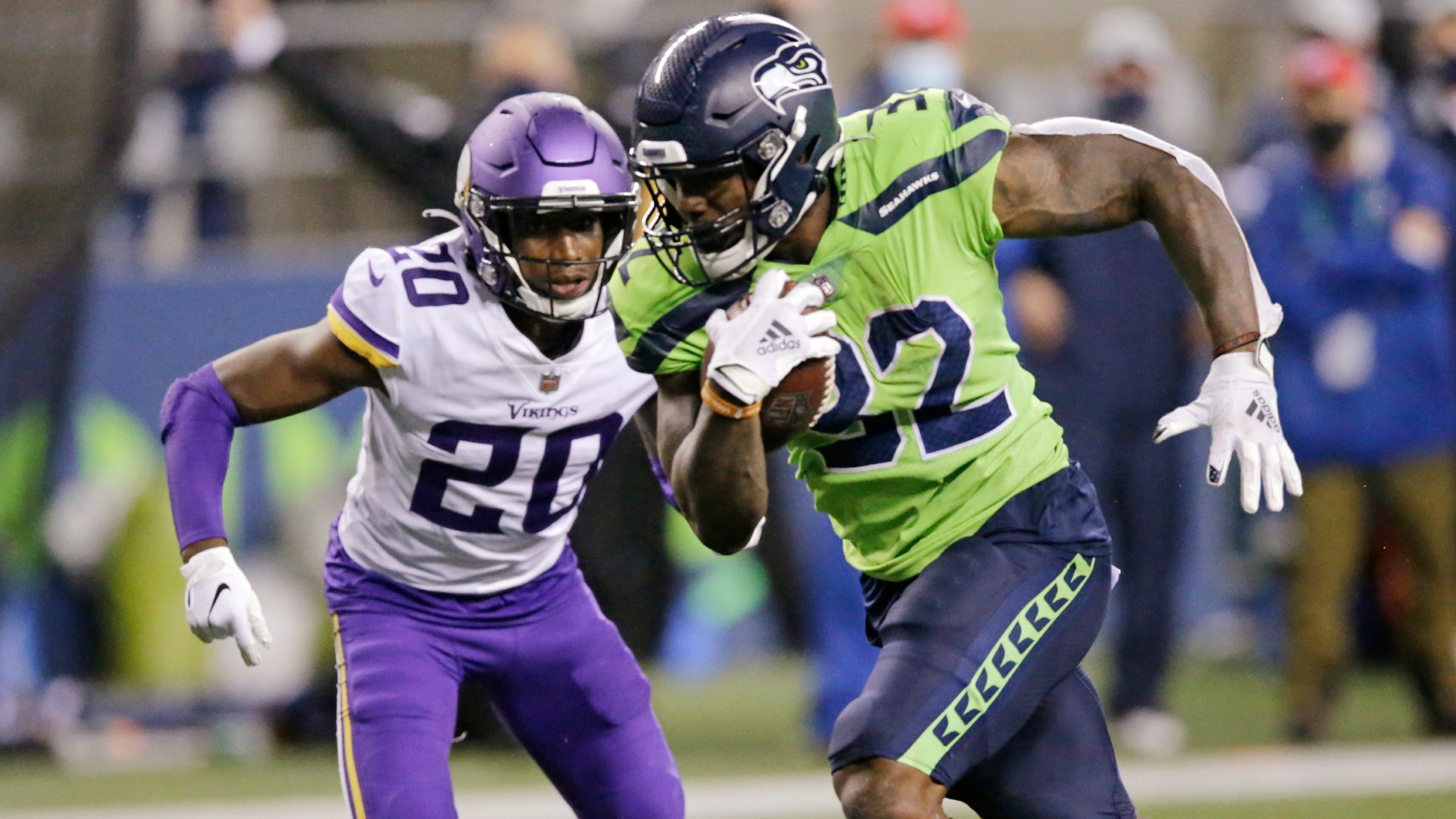 Seattle Seahawks running back Chris Carson gestures while smiling after an  NFL football game against the Dallas Cowboys, Sunday, Sept. 27, 2020, in  Seattle. The Seahawks won 38-31. (AP Photo/Stephen Brashear Stock