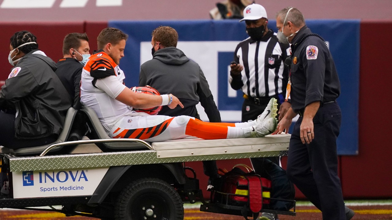 Bengals' Joe Burrow carted off field after suffering calf injury, head  coach says