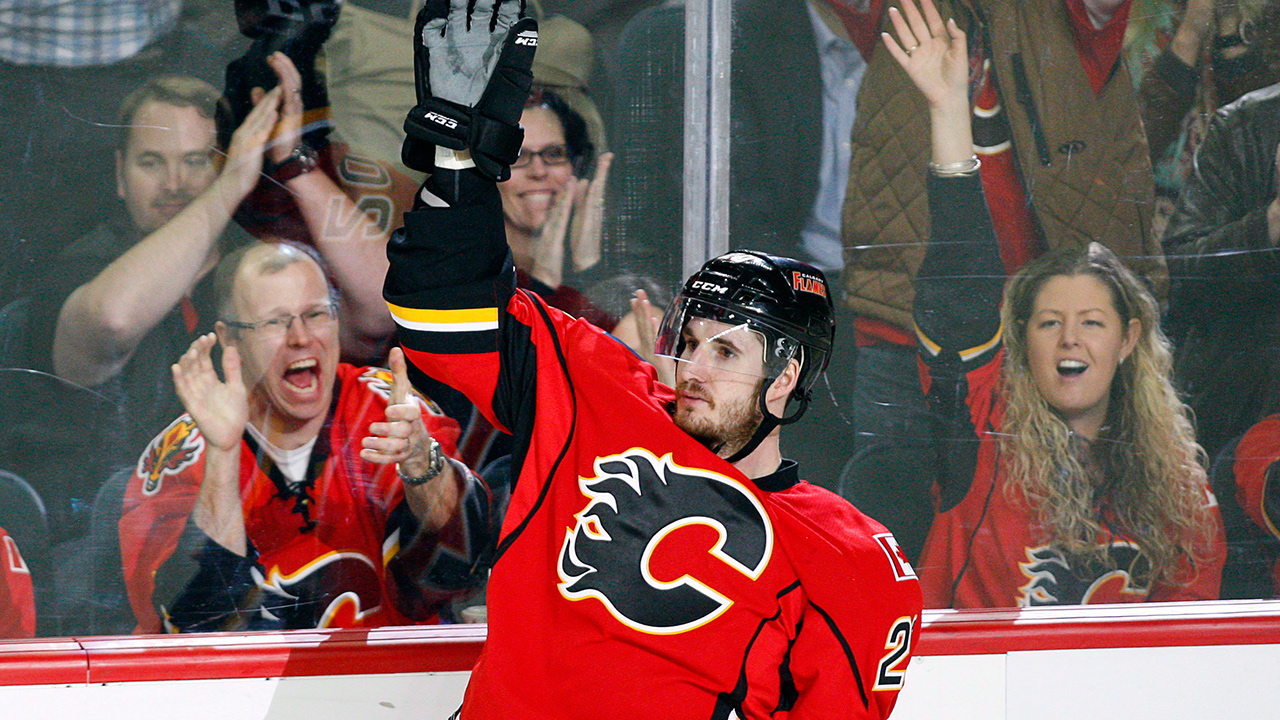 Calgary Flames' Curtis Glencross celebrates a goal during third period NHL hockey action against the Detroit Red Wings in Calgary, Alta., Wednesday, March 13, 2013. (Jeff McIntosh/CP)