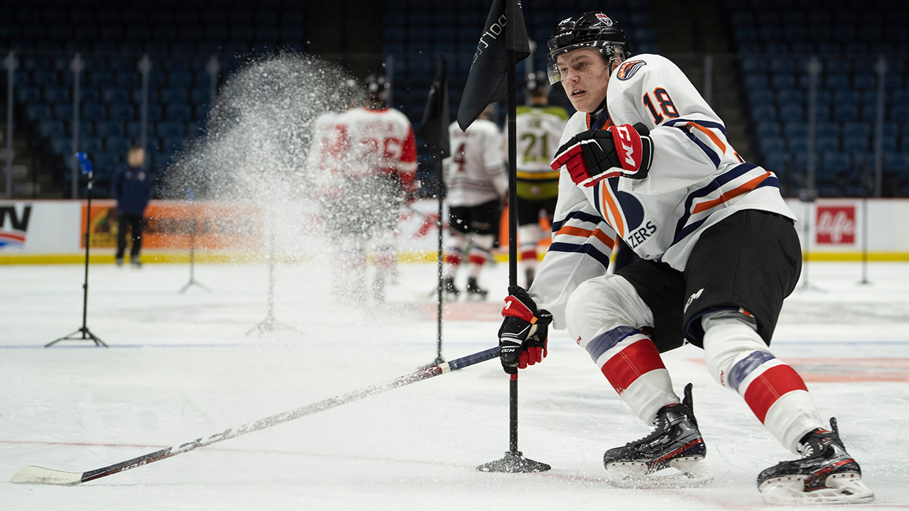 Connor Zary (18) skates during the Kubota OHL/NHL Top Prospects team white on-ice skills testing in Hamilton, Ont. on Wednesday, January 15, 2020. (Peter Power/CP)