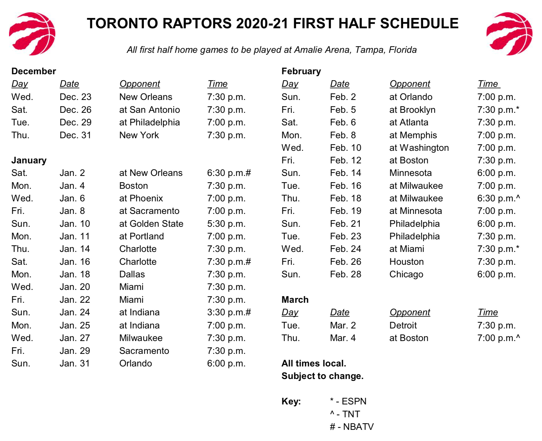 Nba Releases First Half Of 2020 21 Schedule Raptors Tip Off Vs Pelicans Sportsnet Ca