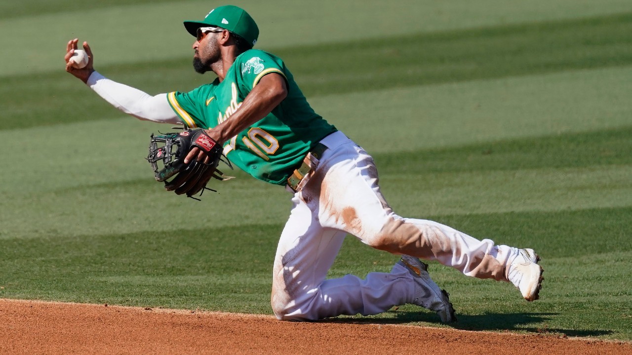 Nick Allen flies out to second baseman Marcus Semien.