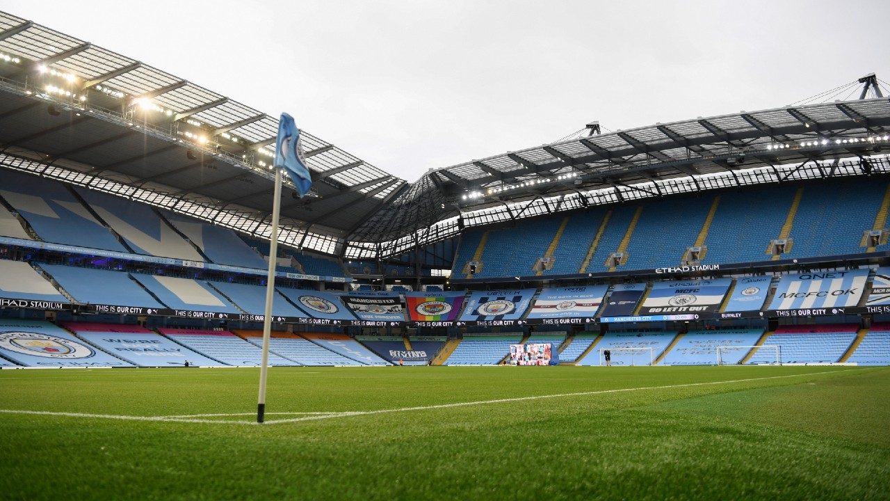 A general view of an empty stadium ahead of the English Premier League football match between Manchester City and Burnley at Etihad Stadium, in Manchester, England, Monday, June 22, 2020. (Michael Regan/AP)