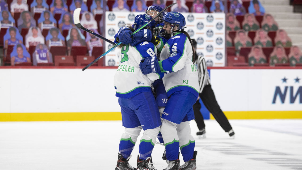 The Connecticut Whale celebrate a goal against the Boston Pride. (Michelle Jay/NWHL)