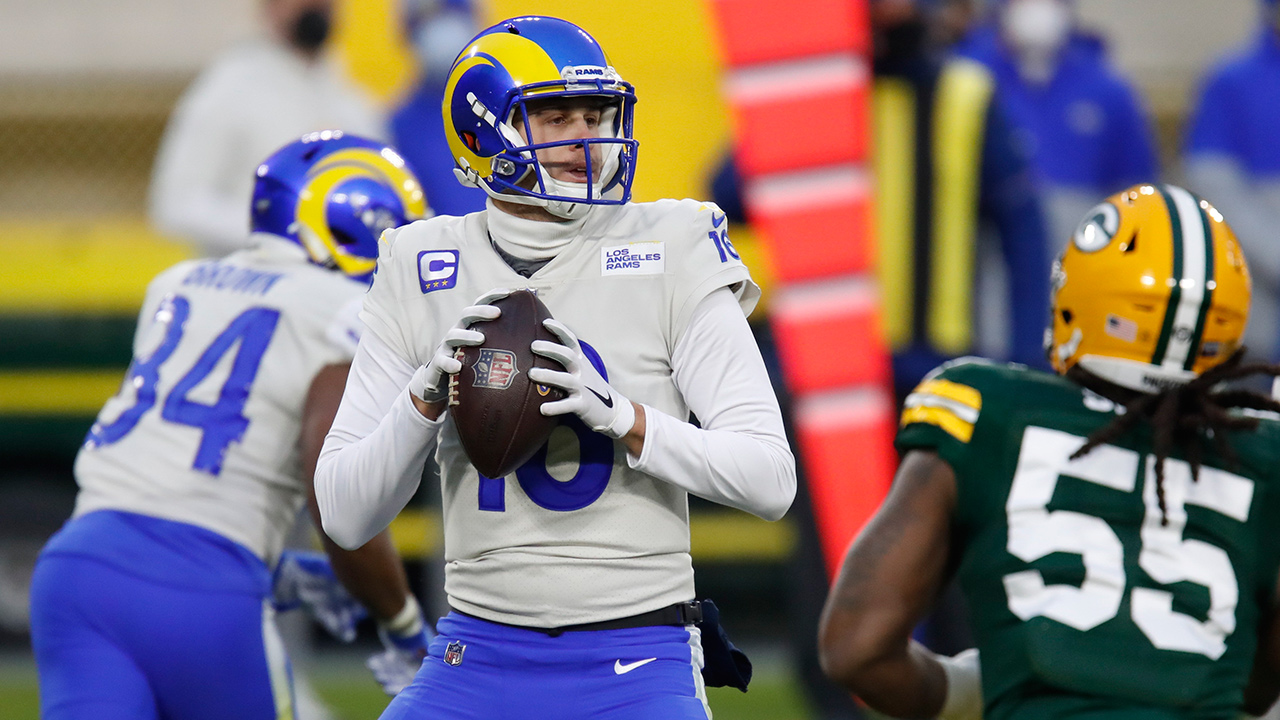 Quarterback Jared Goff of the Los Angeles Rams looks to pass against