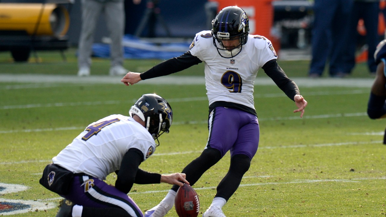 Baltimore Ravens kicker Justin Tucker (9) attempts a 52-yard field goal in the second half of an NFL wild-card playoff football game against the Tennessee Titans Sunday, Jan. 10, 2021, in Nashville, Tenn. (Mark Zaleski/AP)