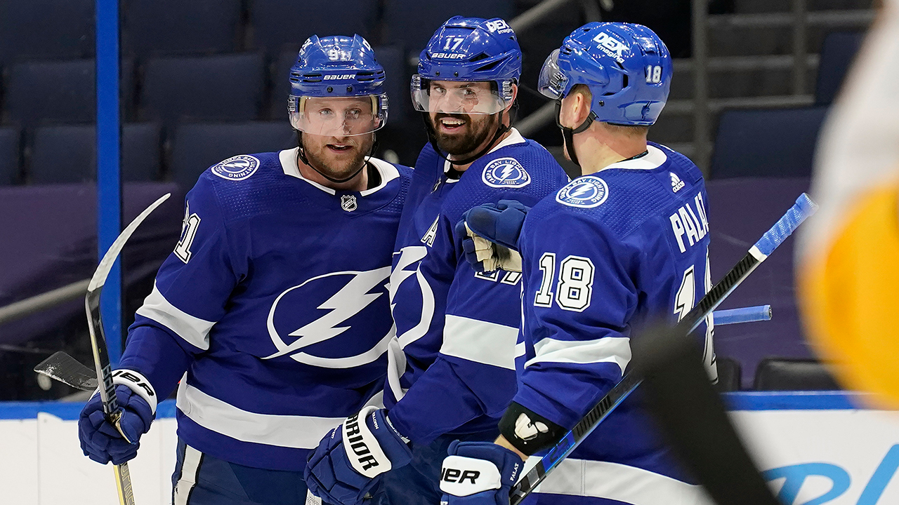 Tampa Bay Lightning left wing Alex Killorn (17) reacts after scoring the  winning goal in the shootout of the team's NHL hockey game against the New  Jersey Devils on Thursday, March 16