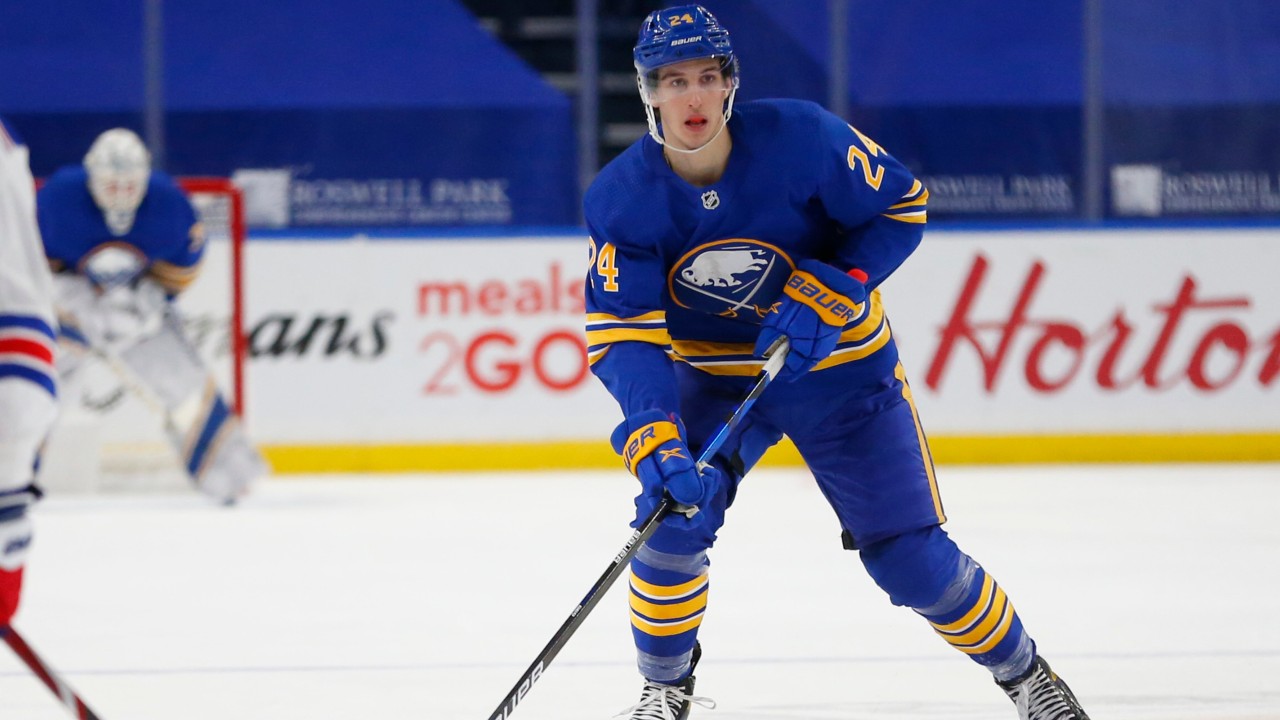 Buffalo Sabres center Dylan Cozens (24) skates wearing a Hockey Fights  Cancer jersey prior to the first period of an NHL hockey game against the  Seattle Kraken, Monday, Nov. 29, 2021, in