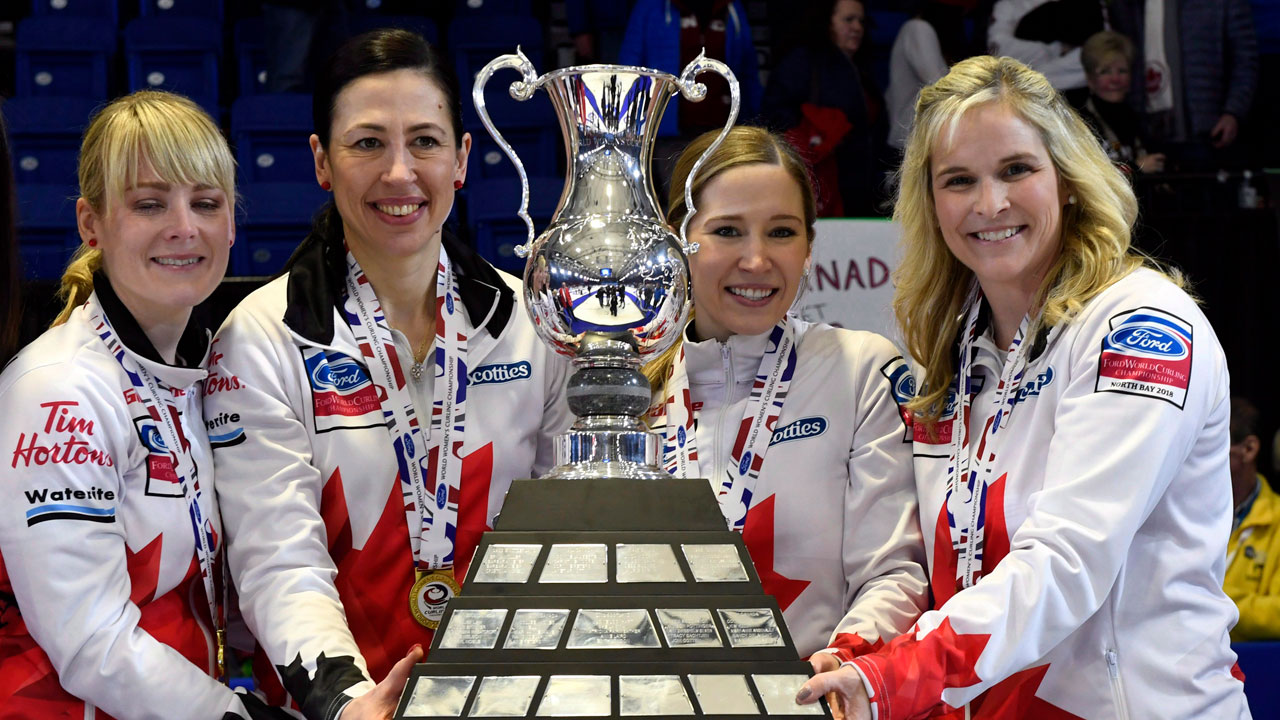 Canada's (left to right) lead Dawn McEwen, second Jill Officer, third Kaitlyn Lawes and skip Jennifer Jones pose with the trophy after their eleventh end win over Sweden in the gold medal game at the World Women's Curling Championship in 2018. (Paul Chiasson/CP)