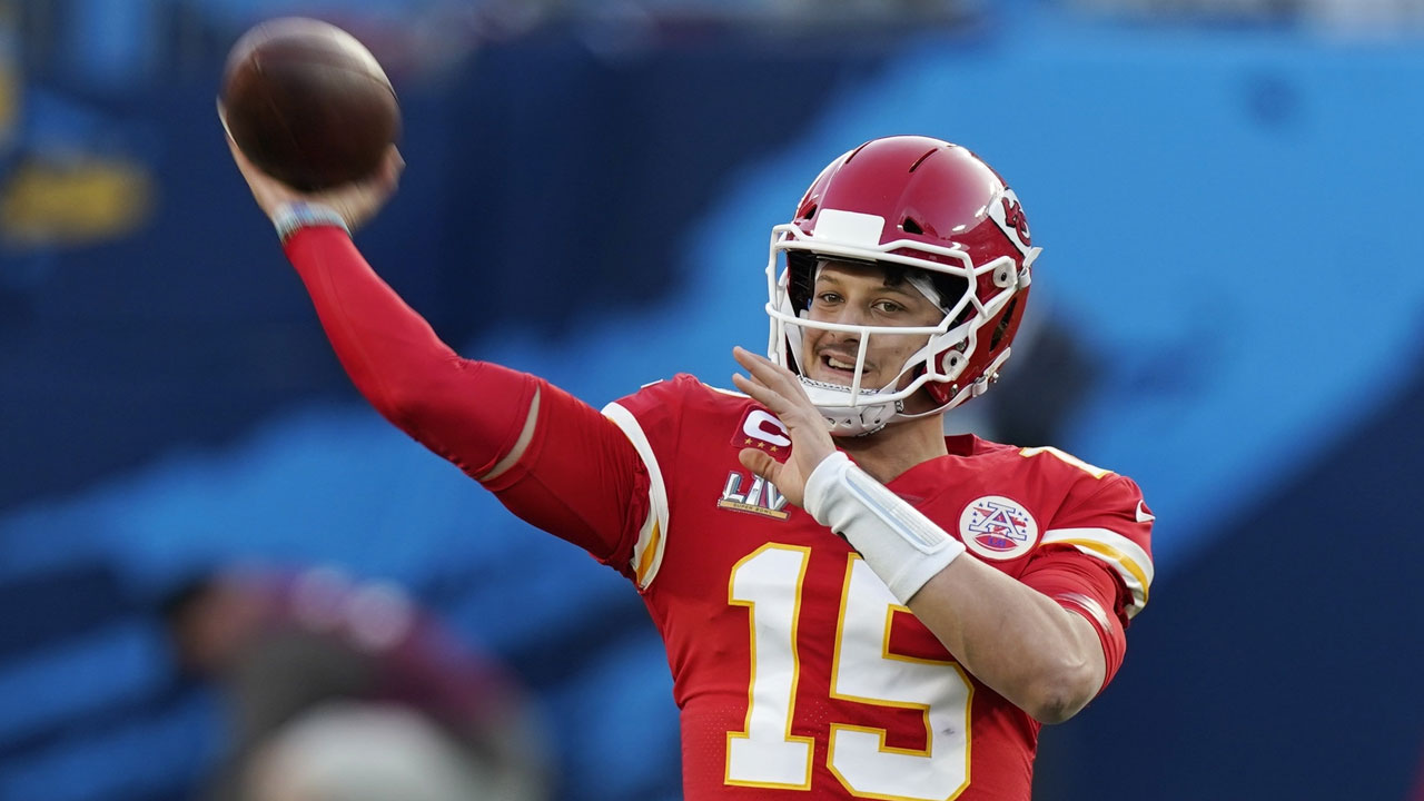 Quarterback Patrick Mahomes of the Kansas City Chiefs warms up prior