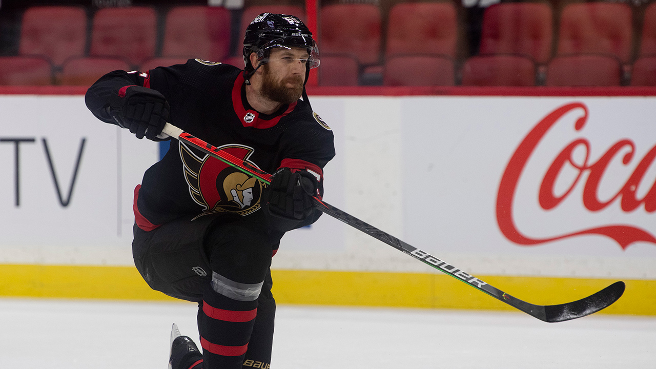 Ottawa Senators defenceman Braydon Coburn skates during warm-up prior to an NHL game against the Toronto Maple Leafs, Saturday, Jan. 16, 2021 in Ottawa. (Adrian Wyld/CP)