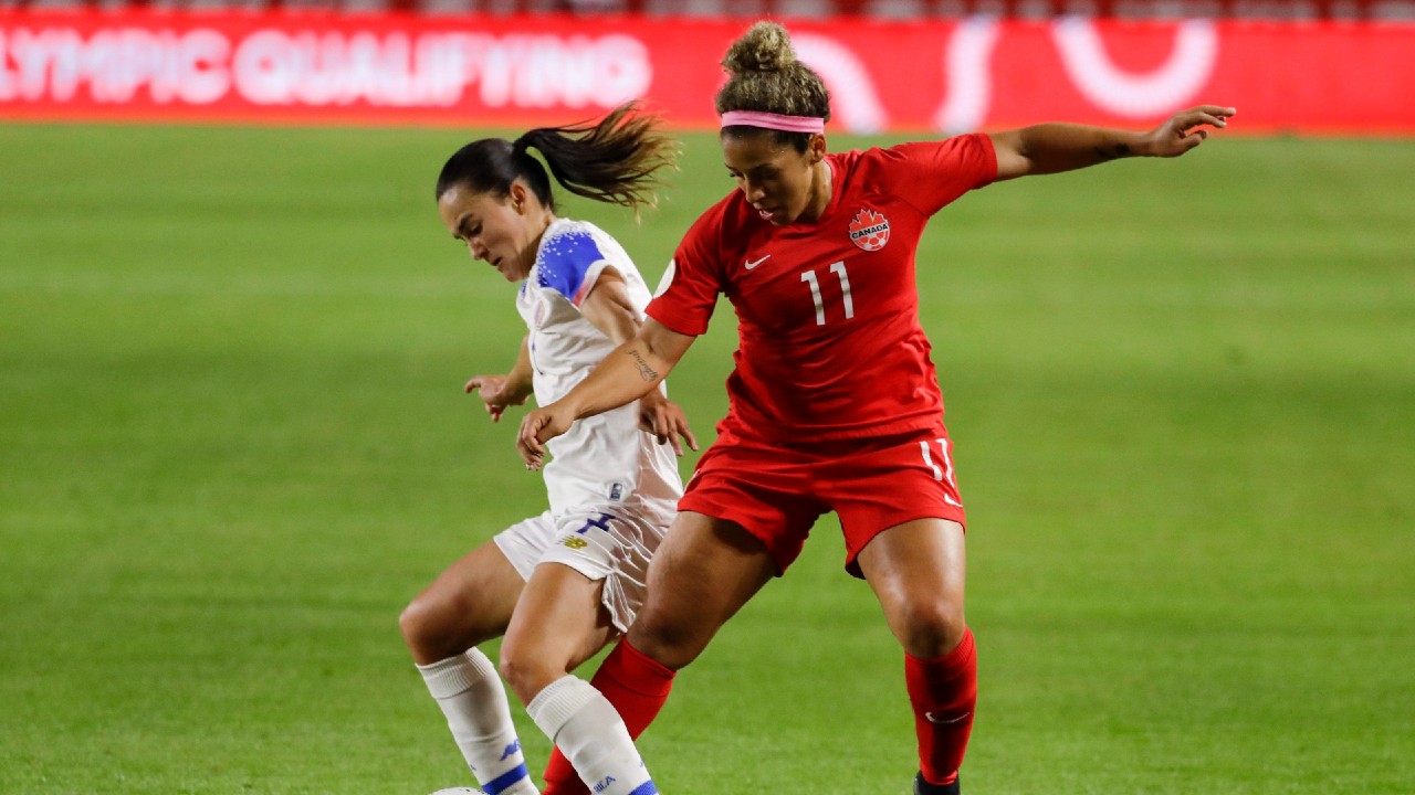 Costa Rica forward Melissa Herrera, left, and Canada midfielder Desiree Scott battle for the ball during the second half of a CONACAF women's Olympic qualifying soccer match Friday, Feb. 7, 2020, in Carson, Calif. (Chris Carlson/AP)