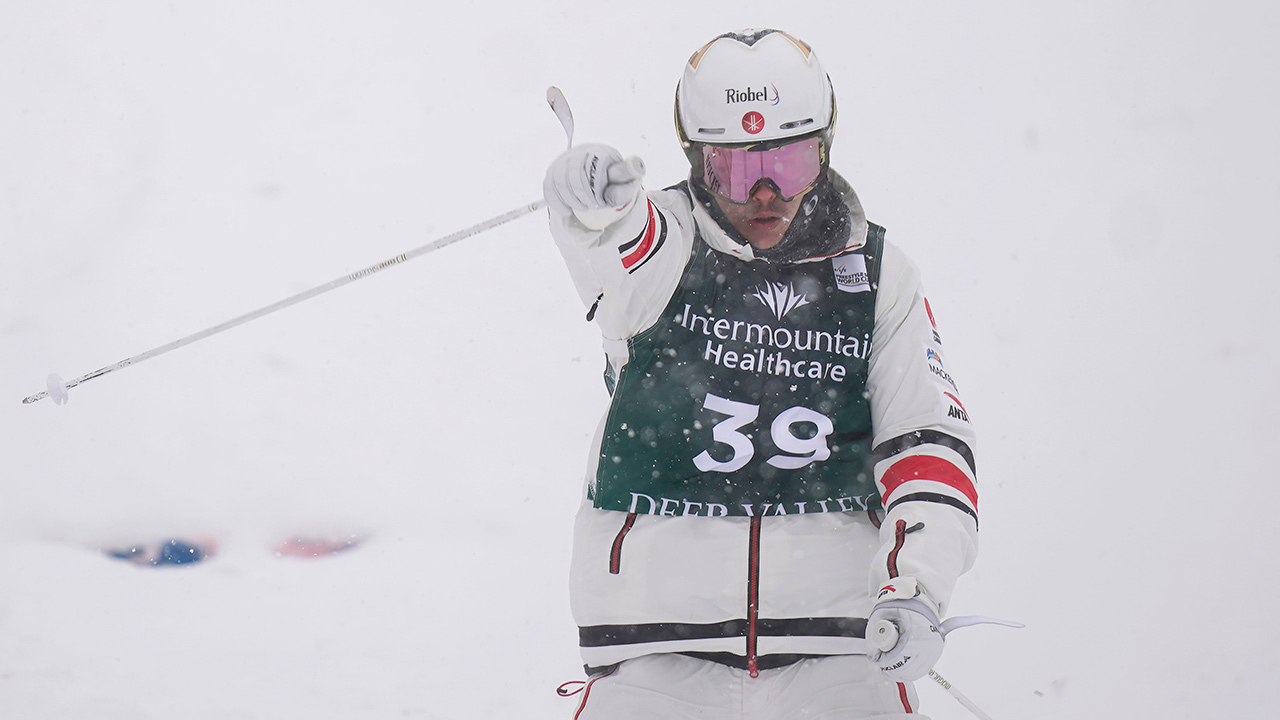 Canada's Mikael Kingsbury celebrates after finishing first in the final of the World Cup men's dual moguls skiing competition, Friday, Feb. 5, 2021, in Deer Valley, Utah. (Rick Bowmer/AP)