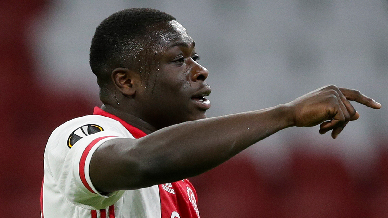 Brian Brobbey celebrating a goal in a Europa League match for Ajax. (AP Photo)