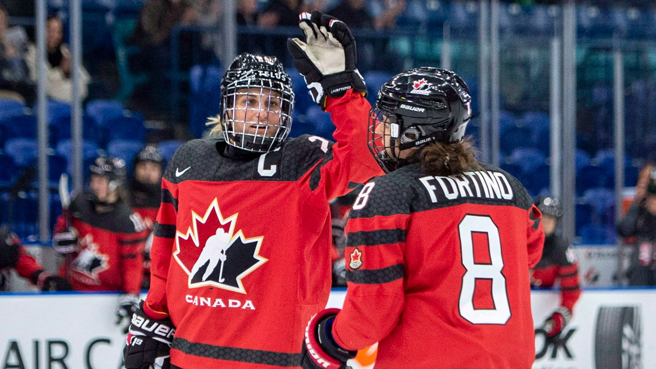 Canada forward Marie-Philip Poulin, left, and defence Laura Fortino celebrate a goal against Sweden during the second period of 2018 Four Nations Cup. (Liam Richards/CP)