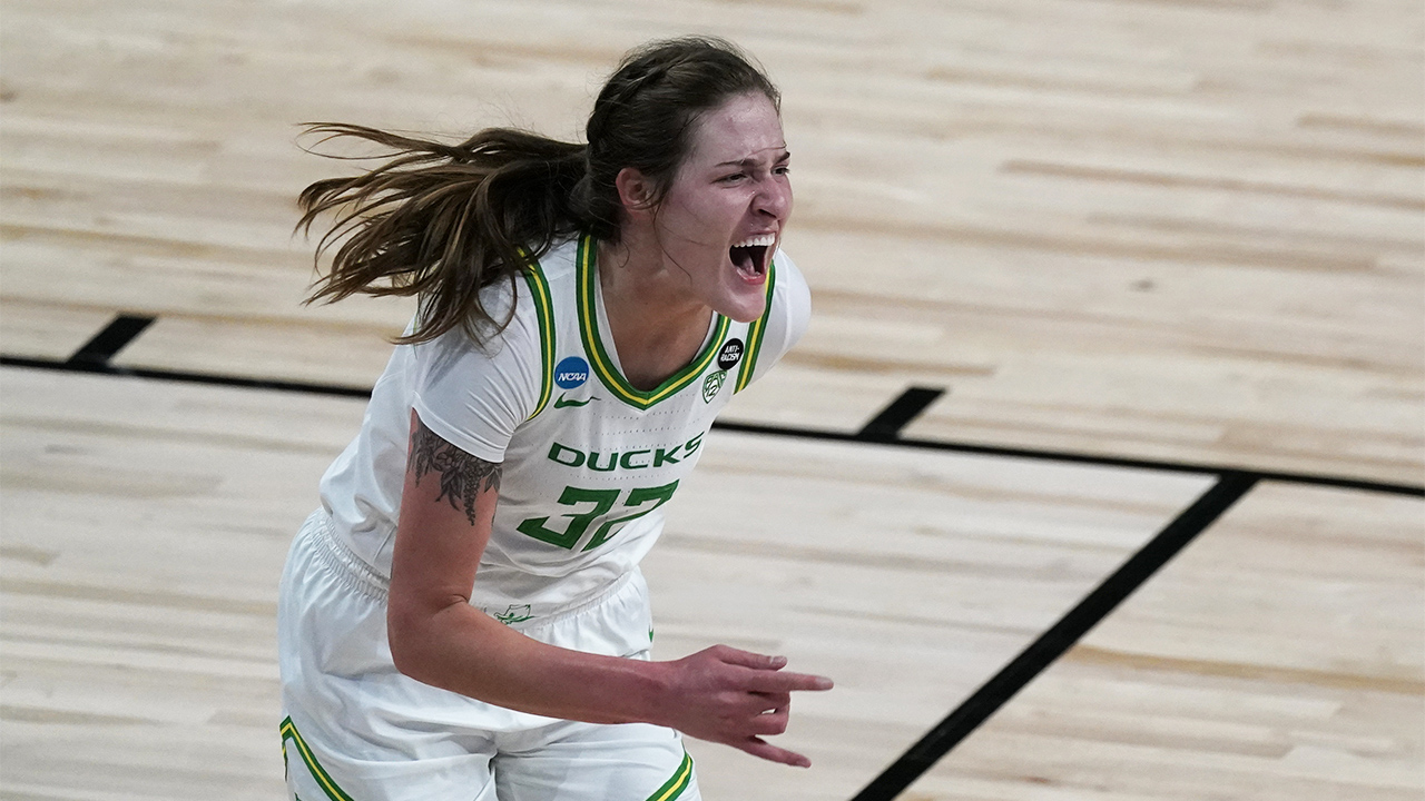 Oregon forward Sedona Prince celebrates after a basket during the first half of a college basketball game in the first round of the women's NCAA tournament. (Charlie Riedel/AP)