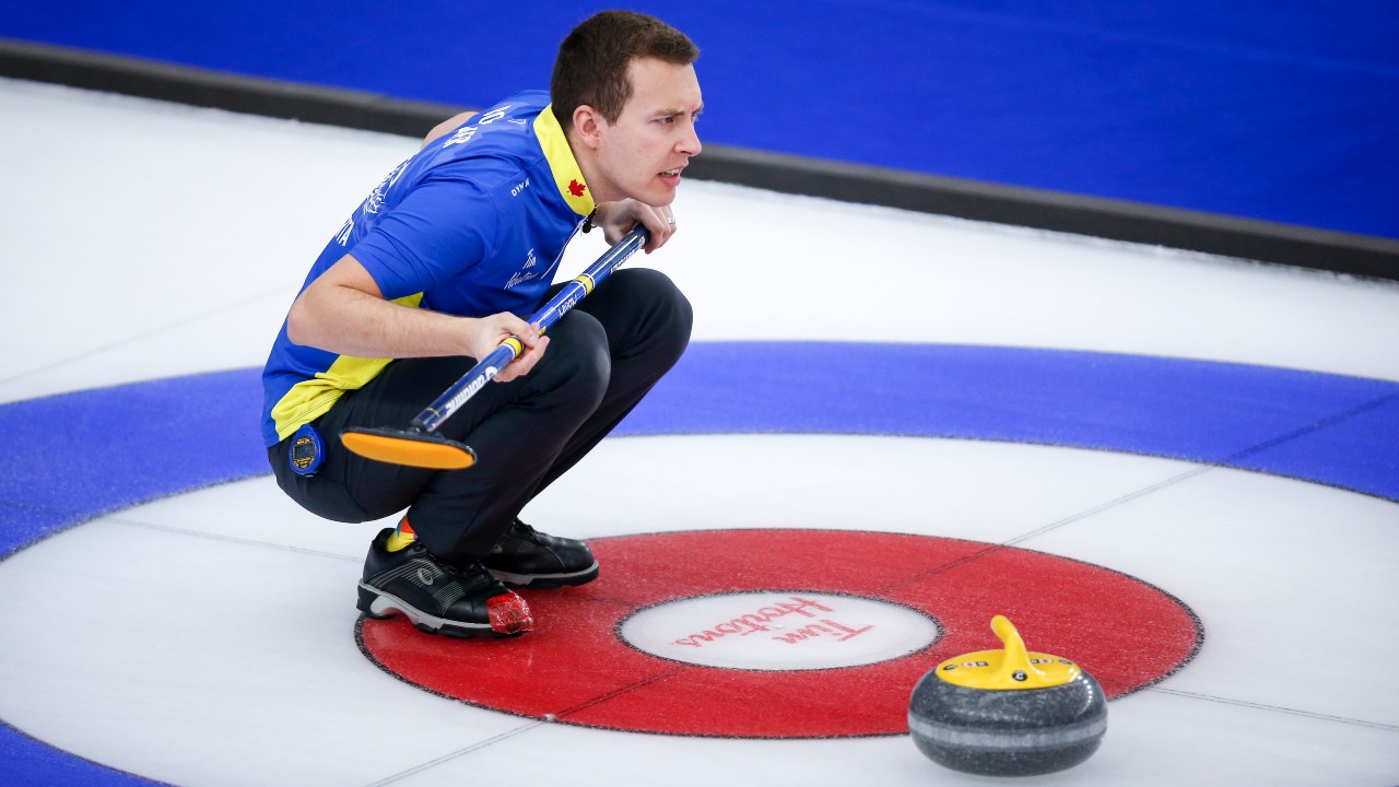 Team Alberta skip Brendan Bottcher directs his teammates as he plays Team Saskatchewan during the semi-final at the Brier in Calgary, Alta., Sunday, March 14, 2021.THE CANADIAN PRESS/Jeff McIntosh