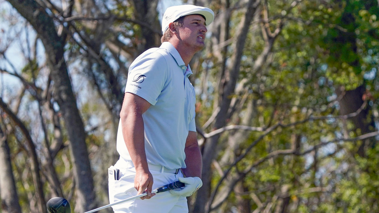 Bryson DeChambeau watcher his shot from the third tee during the final round of the Arnold Palmer Invitational golf tournament. (John Raoux/AP)