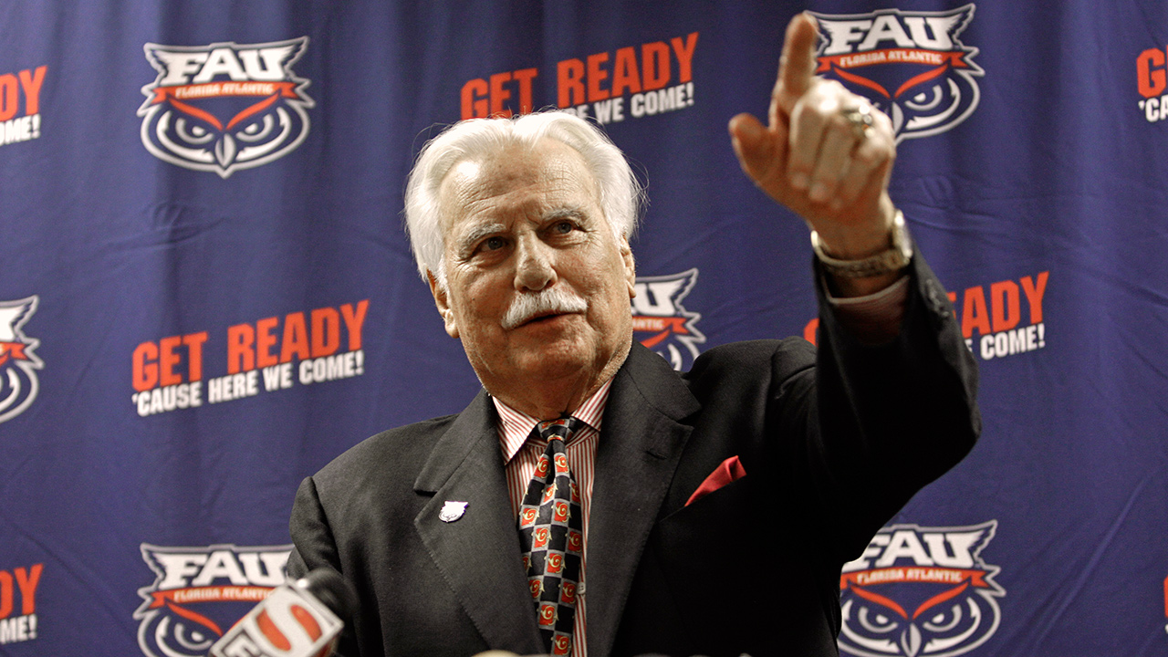 In this Aug. 11, 2011 photo, Howard Schnellenberger speaks during his announcement that he will retire from coaching after the 2011 season with Florida Atlantic University during a news conference in Boca Raton, Fla.
(J Pat Carter/AP)