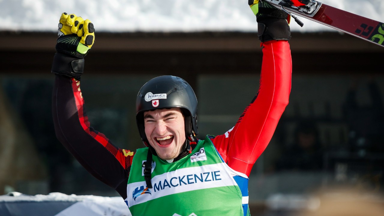 Canada's Reece Howden celebrates his first place finish following the men's final at the World Cup ski cross event at Nakiska Ski Resort in Kananaskis, Alta., Saturday, Jan. 18, 2020. (Jeff McIntosh/CP)