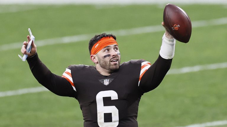 Cleveland Browns quarterback Baker Mayfield celebrates after the Browns defeated the Pittsburgh Steelers in an NFL football game. (Ron Schwane/AP)