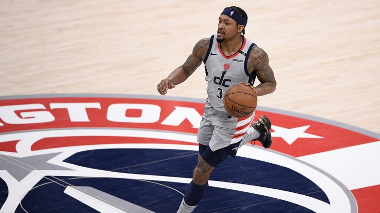 Washington Wizards guard Bradley Beal (3) dribbles the ball the team's NBA basketball game against the Los Angeles Lakers, Wednesday, April 28, 2021, in Washington. (Nick Wass/AP)