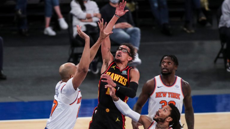 Atlanta Hawks guard Trae Young (11) shoots against the New York Knicks during the first quarter of an NBA basketball game Wednesday, April 21, 2021, in New York. (Wendell Cruz/Pool Photo via AP)