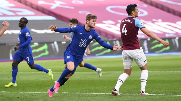 Chelsea's Timo Werner celebrates after scoring his side's opening goal during the English Premier League soccer match between West Ham United and Chelsea at London Stadium, London, England, Saturday, April 24, 2021. (Andy Rain/Pool via AP