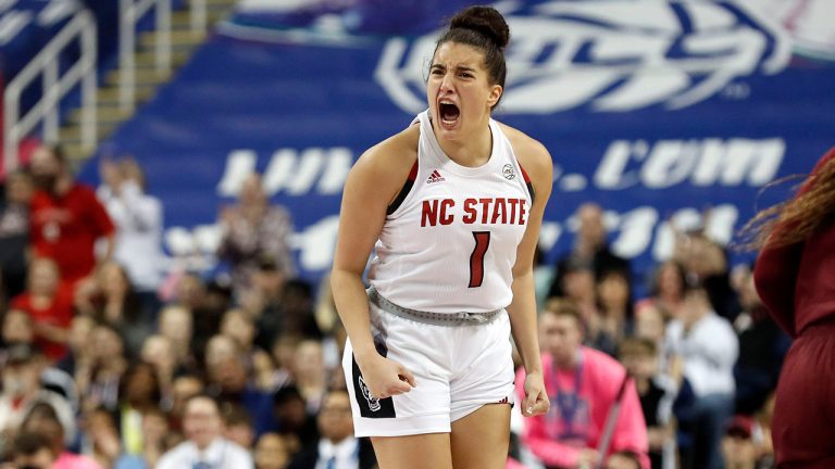 North Carolina State guard Aislinn Konig (1) reacts following a basket against Florida State during the second half of an NCAA college basketball championship game at the Atlantic Coast Conference women's tournament in Greensboro, N.C., Sunday, March 8, 2020. (Gerry Broome/AP)