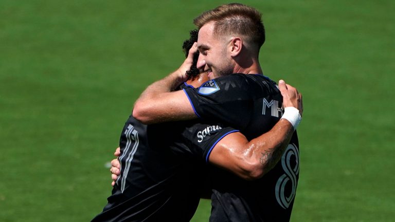 CF Montreal midfielder Djordje Mihailovic (8) is congratulated by forward Erik Hurtado, left, after scoring a goal during the second half of an MLS soccer match. (Lynne Sladky/
AP)