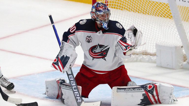 Columbus Blue Jackets goaltender Elvis Merzlikins. (Richard W. Rodriguez/AP)