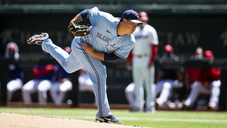 Toronto Blue Jays starting pitcher Hyun-Jin Ryu throws during the first inning of a baseball game against the Texas Rangers. (Brandon Wade/AP)