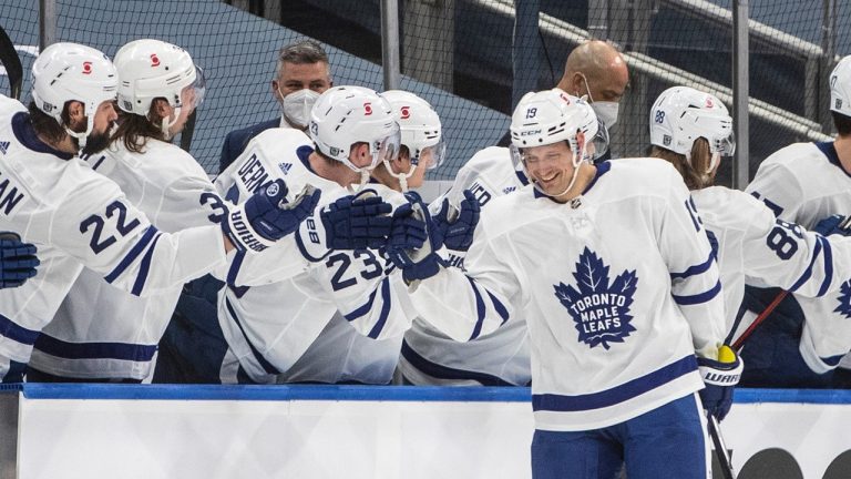 Toronto Maple Leafs' Jason Spezza (19) celebrates a goal against the Edmonton Oilers during second period NHL action in Edmonton on Saturday, February 27, 2021. (Jason Franson / CP)