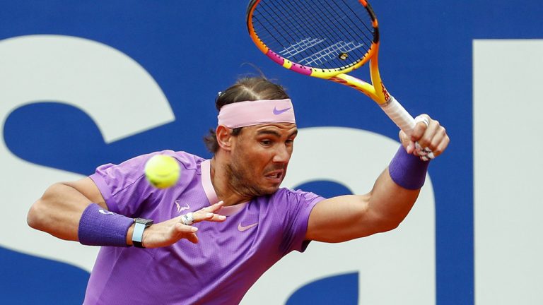 Rafael Nadal of Spain returns the ball to Ilya Ivashka of Belarus during the Godo tennis tournament in Barcelona, Spain, Wednesday, April 21, 2021. (Joan Monfort/AP)