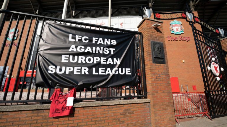 A banner is seen outside Anfield protesting the formation of the European Super League. (Jon Super/AP)