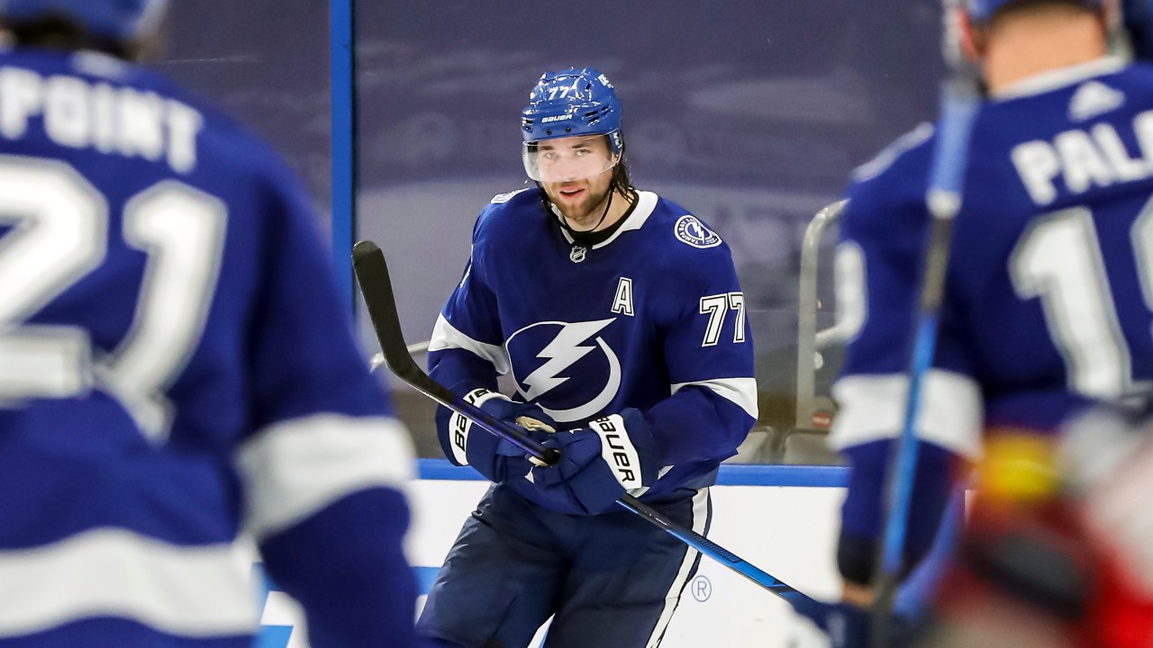 Victor Hedman of the Tampa Bay Lightning wears a Hockey Fights