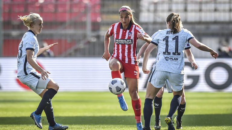 Atletico Madrid's Deyna Castellanos stops the ball during the Uefa Women's Champions League, round of 16, first leg soccer match, between Chelsea and Atletico Madrid. (Claudio Furlan/LaPresse via AP)