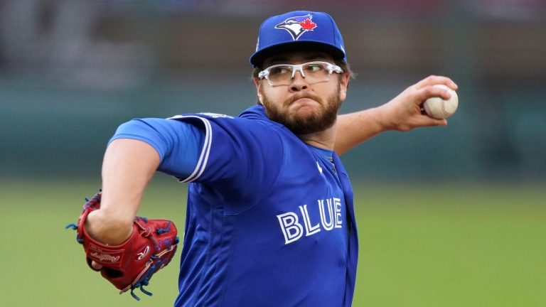 Toronto Blue Jays starting pitcher Anthony Kay throws during the first inning of the team's baseball game against the Kansas City Royals on Thursday, April 15, 2021, in Kansas City, Mo. (AP Photo/Charlie Riedel)