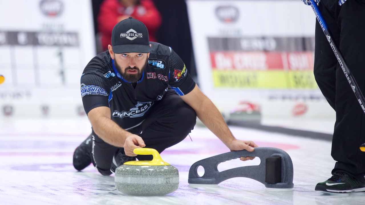 Reid Carruthers shoots a stone during the 2019 KIOTI Tractor Tour Challenge in Pictou County, N.S. (Anil Mungal)