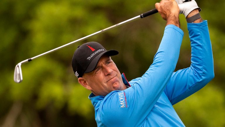 Stewart Cink hits off the 14th tee during the second round of the RBC Heritage golf tournament in Hilton Head Island, S.C., Friday, April 16, 2021. (Stephen B. Morton/AP)